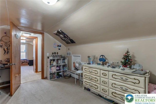 46 Jefferson St, Weatherly Borough, PA 18255 - living area featuring light colored carpet, lofted ceiling, and a baseboard heating unit