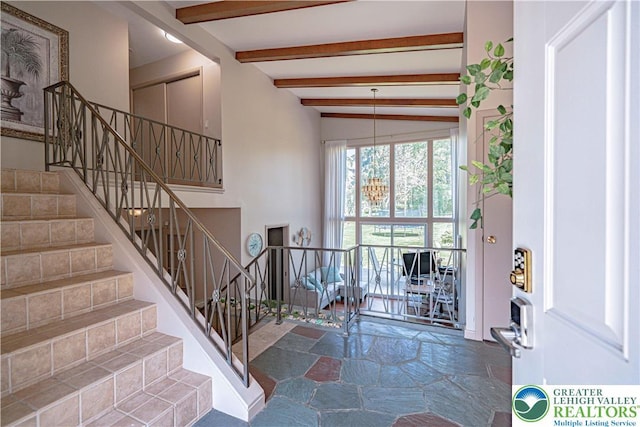 4205 Lehigh St, Whitehall Twp, PA 18052 - foyer featuring beam ceiling, stone finish floors, and stairs
