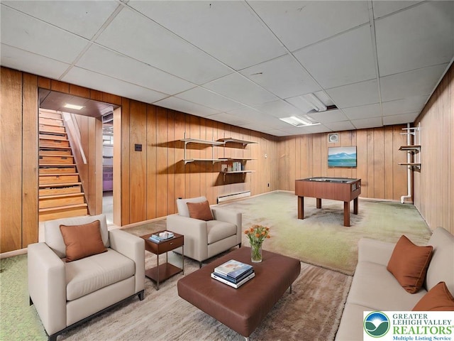 1218 Avocet Dr, Upper Macungie Twp, PA 18031 - recreation room featuring wooden walls, billiards table, carpet, a paneled ceiling, and a baseboard heating unit