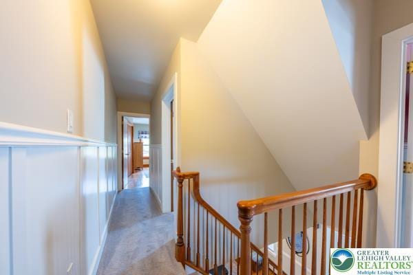 71 N 3rd St, Bangor Borough, PA 18013 - hall featuring an upstairs landing, carpet floors, and a wainscoted wall