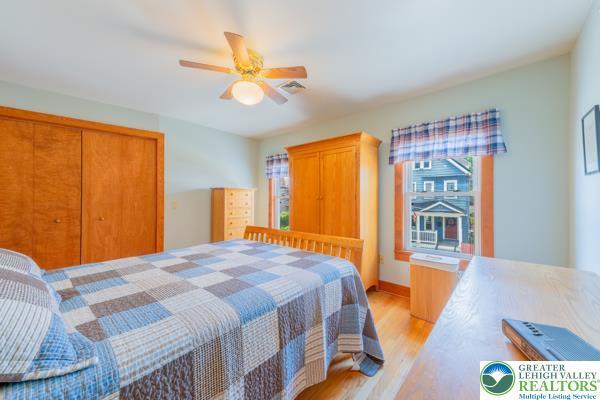 71 N 3rd St, Bangor Borough, PA 18013 - bedroom with light wood finished floors, a closet, ceiling fan, and baseboards