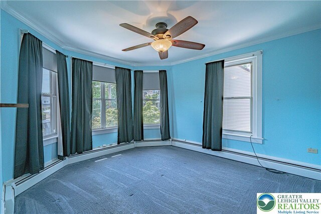 851 N Hoffert St, Fountain Hill Boro, PA 18015 - carpeted spare room with crown molding, ceiling fan, and baseboard heating