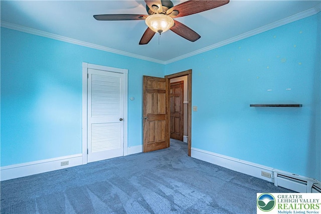 851 N Hoffert St, Fountain Hill Boro, PA 18015 - unfurnished bedroom with ornamental molding, carpet flooring, baseboards, a closet, and a ceiling fan