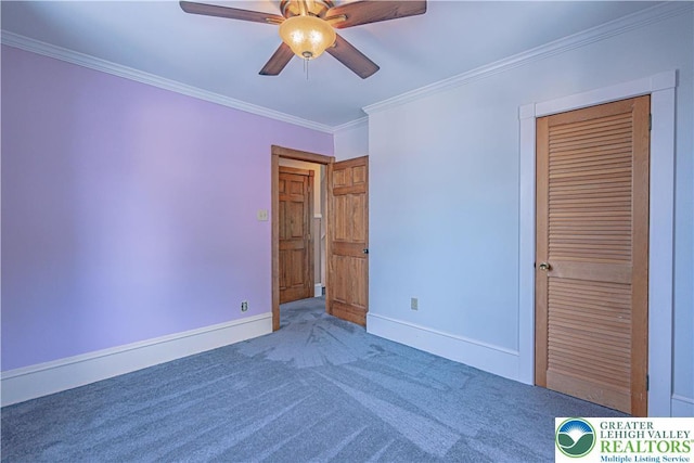 851 N Hoffert St, Fountain Hill Boro, PA 18015 - unfurnished bedroom featuring carpet floors, baseboards, ornamental molding, a closet, and ceiling fan