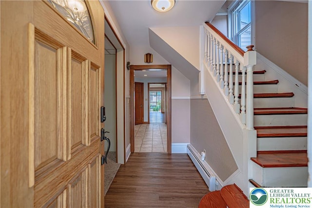 851 N Hoffert St, Fountain Hill Boro, PA 18015 - entryway featuring a baseboard heating unit, stairway, and wood finished floors