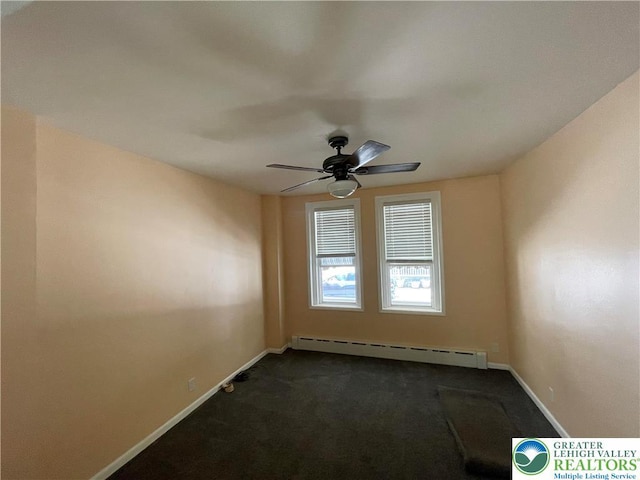 123 N Penn St, Allentown City, PA 18102 - empty room with a baseboard radiator, baseboards, dark colored carpet, and a ceiling fan