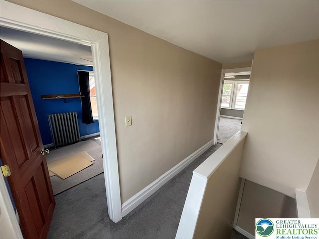 123 N Penn St, Allentown City, PA 18102 - hall featuring radiator heating unit, carpet floors, an upstairs landing, and baseboards