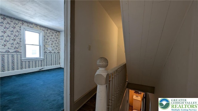 30 S Broad St, East Bangor Borough, PA 18013 - stairway featuring wallpapered walls, baseboards, and carpet floors