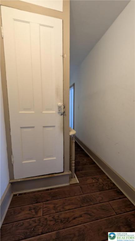 30 S Broad St, East Bangor Borough, PA 18013 - stairway with wood finished floors, baseboards, and lofted ceiling