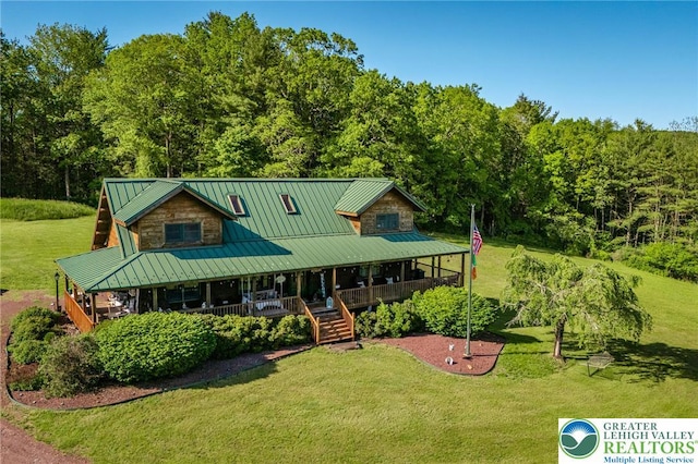 1650 Spruce Hollow Rd, Towamensing Township, PA 18071 - view of front of property featuring a porch, a front lawn, a forest view, and stairs