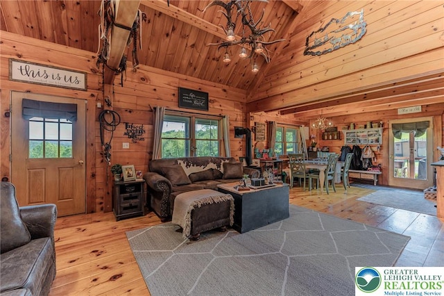 1650 Spruce Hollow Rd, Towamensing Township, PA 18071 - living room featuring healthy amount of natural light, hardwood / wood-style flooring, wood walls, high vaulted ceiling, and wood ceiling