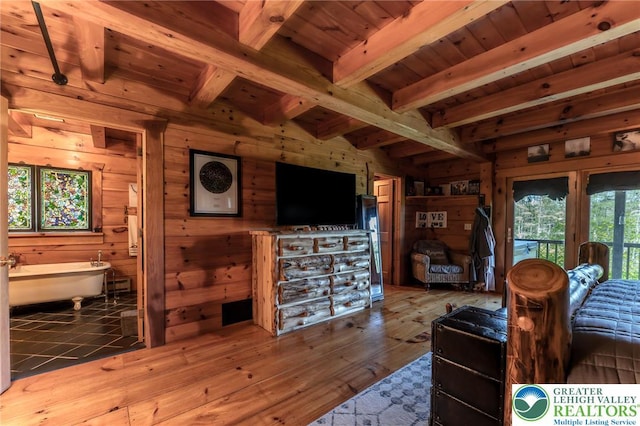 1650 Spruce Hollow Rd, Towamensing Township, PA 18071 - living area featuring wooden walls, wooden ceiling with exposed beams, and hardwood / wood-style floors