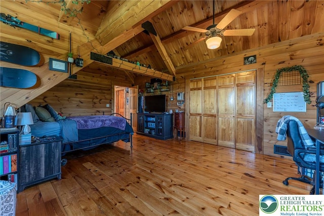 1650 Spruce Hollow Rd, Towamensing Township, PA 18071 - bedroom featuring wood walls, hardwood / wood-style flooring, wood ceiling with exposed beams, high vaulted ceiling, and an office area