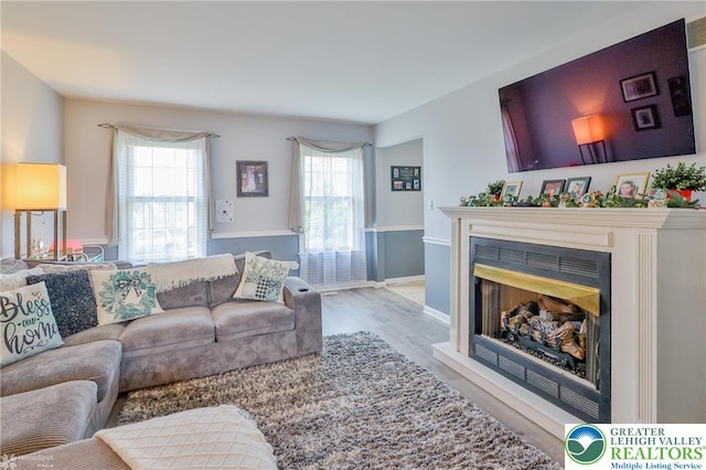 3940 Dewalt St, Bethlehem Twp, PA 18020 - living room with wood finished floors, plenty of natural light, a glass covered fireplace, and baseboards