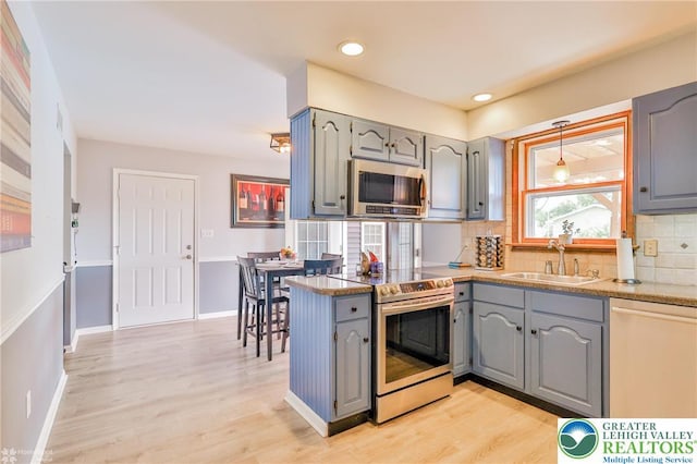 3940 Dewalt St, Bethlehem Twp, PA 18020 - kitchen with appliances with stainless steel finishes, gray cabinetry, a sink, decorative backsplash, and recessed lighting