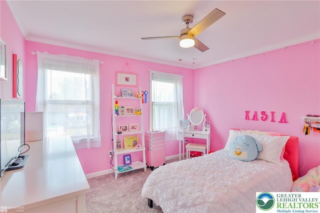 3940 Dewalt St, Bethlehem Twp, PA 18020 - bedroom with light colored carpet, baseboards, crown molding, and a ceiling fan