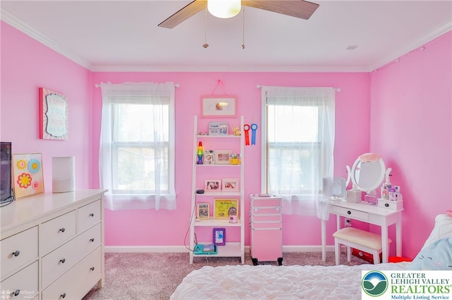 3940 Dewalt St, Bethlehem Twp, PA 18020 - bedroom with carpet flooring, ornamental molding, baseboards, and a ceiling fan