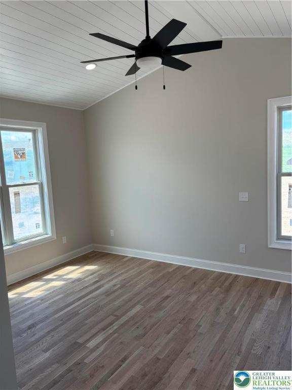 1028 Washington Blvd, Washington Twp, PA 18013 - unfurnished room with wood ceiling, wood finished floors, baseboards, a ceiling fan, and vaulted ceiling