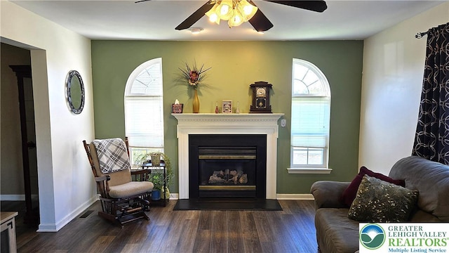 4125 Redbud Dr W, Whitehall Twp, PA 18052 - living area with healthy amount of natural light, ceiling fan, wood finished floors, and a glass covered fireplace