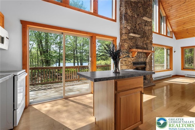 2107 Lenape Ter, Barrett Twp, PA 18325 - kitchen with baseboard heating, white electric range, light wood finished floors, plenty of natural light, and high vaulted ceiling