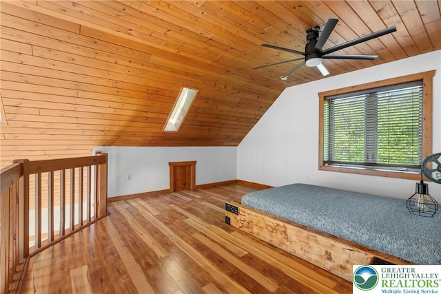 2107 Lenape Ter, Barrett Twp, PA 18325 - unfurnished bedroom with wood ceiling, vaulted ceiling, wood-type flooring, a skylight, and baseboards