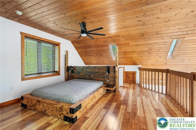 2107 Lenape Ter, Barrett Twp, PA 18325 - bedroom featuring lofted ceiling, hardwood / wood-style floors, a skylight, and wood ceiling