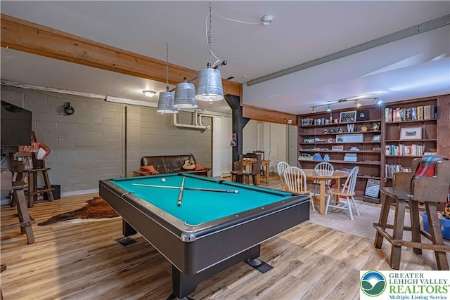 306 W Paxinosa Rd, Forks Twp, PA 18040 - playroom featuring wood finished floors, billiards table, and concrete block wall