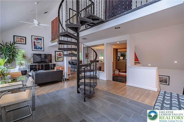 306 W Paxinosa Rd, Forks Twp, PA 18040 - stairs with a ceiling fan, high vaulted ceiling, plenty of natural light, and recessed lighting