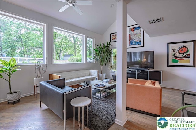 306 W Paxinosa Rd, Forks Twp, PA 18040 - living room featuring a ceiling fan, wood finished floors, vaulted ceiling, and baseboards