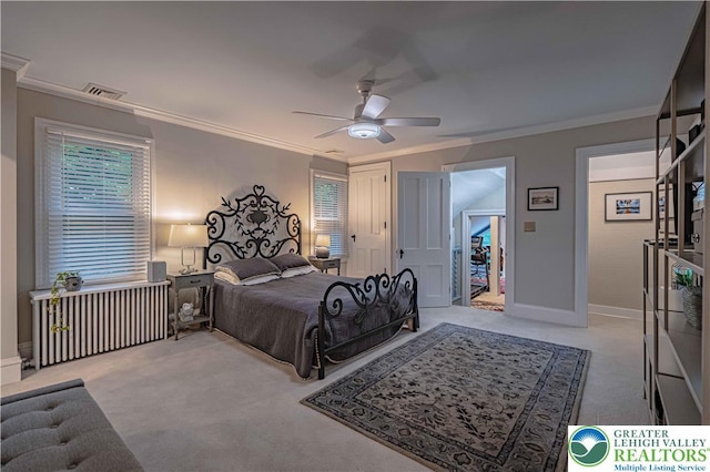 306 W Paxinosa Rd, Forks Twp, PA 18040 - bedroom with carpet flooring, ornamental molding, a ceiling fan, and baseboards