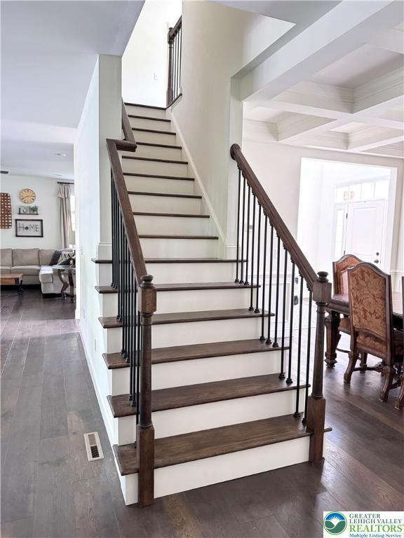 3183 Sheffield Dr, Lower Macungie Twp, PA 18049 - staircase with wood-type flooring, beam ceiling, and coffered ceiling