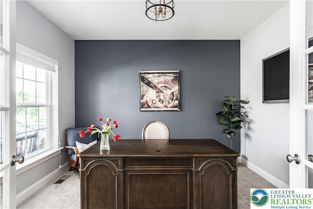 2638 Hollow View Dr, Forks Twp, PA 18040 - office featuring light carpet, baseboards, a chandelier, and french doors