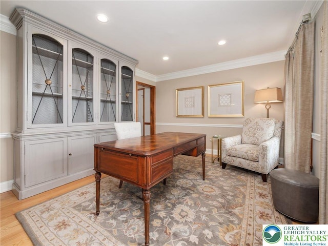 3840 E View Dr, North Whitehall Twp, PA 18069 - office space featuring crown molding, baseboards, light wood-style floors, and recessed lighting
