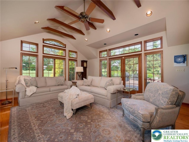 3840 E View Dr, North Whitehall Twp, PA 18069 - living area with high vaulted ceiling, ceiling fan, wood finished floors, french doors, and beam ceiling