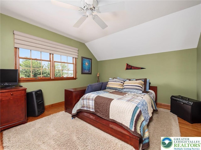 3840 E View Dr, North Whitehall Twp, PA 18069 - bedroom with wood finished floors, baseboards, lofted ceiling, and a ceiling fan
