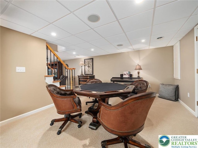 3840 E View Dr, North Whitehall Twp, PA 18069 - recreation room featuring carpet floors, baseboards, recessed lighting, and a drop ceiling