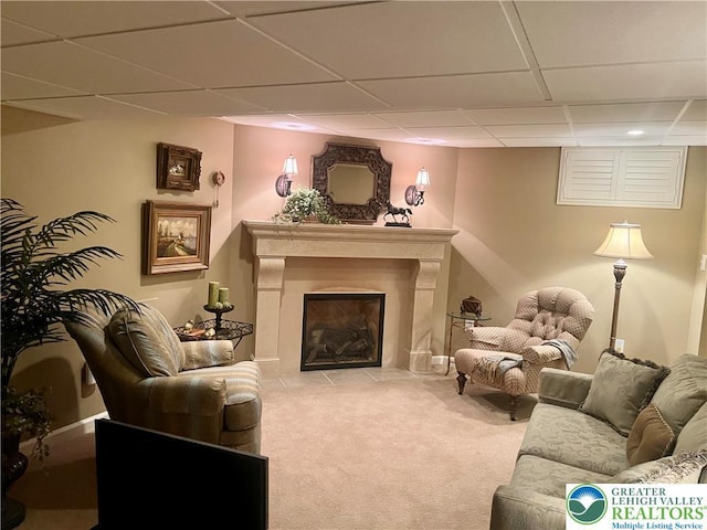 3840 E View Dr, North Whitehall Twp, PA 18069 - carpeted living area featuring a drop ceiling and a fireplace with flush hearth