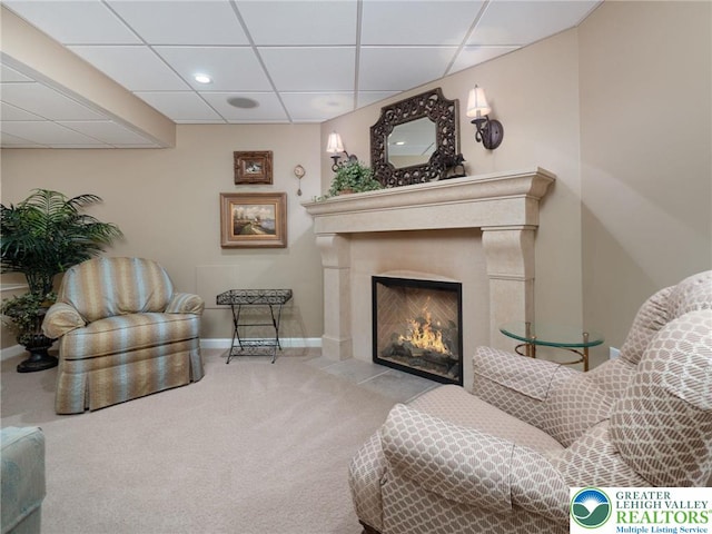 3840 E View Dr, North Whitehall Twp, PA 18069 - living area with baseboards, a paneled ceiling, carpet flooring, a fireplace with flush hearth, and recessed lighting