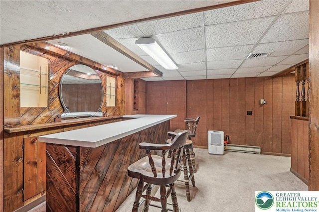 1450 Springhouse Rd, South Whitehall Twp, PA 18104 - indoor bar featuring wooden walls, light colored carpet, and a baseboard heating unit