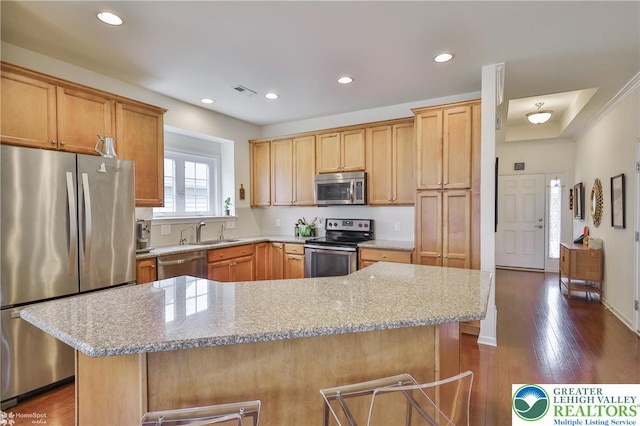 2605 Victory Way, Hanover Twp, PA 18017 - kitchen with appliances with stainless steel finishes, a sink, dark wood-type flooring, recessed lighting, and light stone countertops