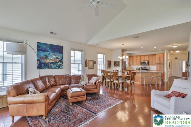 2605 Victory Way, Hanover Twp, PA 18017 - living room featuring a chandelier, a ceiling fan, wood-type flooring, lofted ceiling, and recessed lighting
