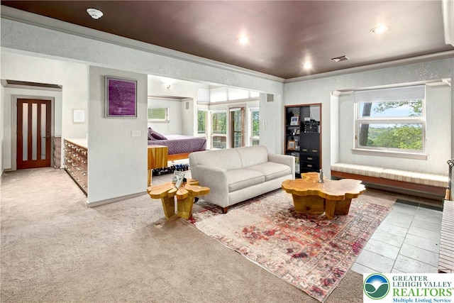 310 Hunters Farm Rd, Paradise Twp, PA 18332 - living room with crown molding, light colored carpet, baseboards, and recessed lighting