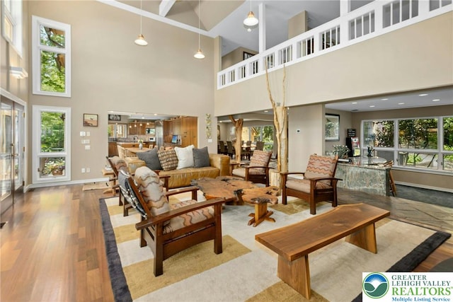 310 Hunters Farm Rd, Paradise Twp, PA 18332 - living area with healthy amount of natural light, a high ceiling, wood finished floors, and baseboards