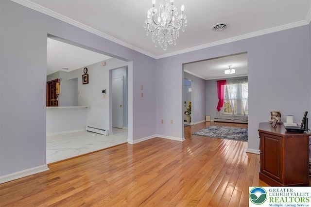 190 Reunion Rdg, Stroud Twp, PA 18301 - living room featuring a baseboard heating unit, a chandelier, light wood finished floors, crown molding, and baseboards