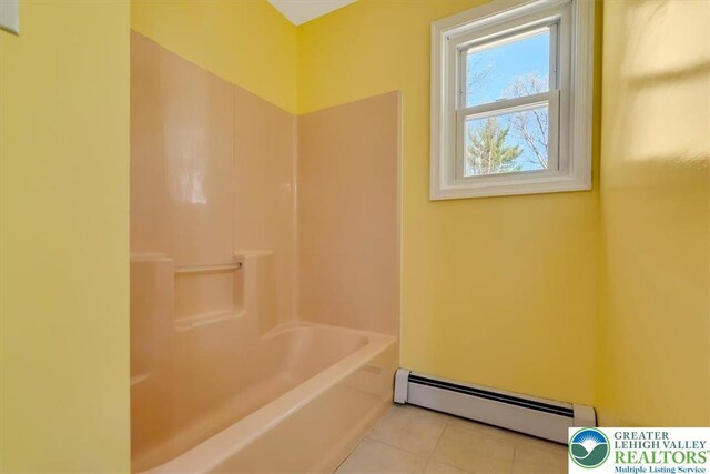 190 Reunion Rdg, Stroud Twp, PA 18301 - bathroom featuring a baseboard radiator, tile patterned flooring, and  shower combination