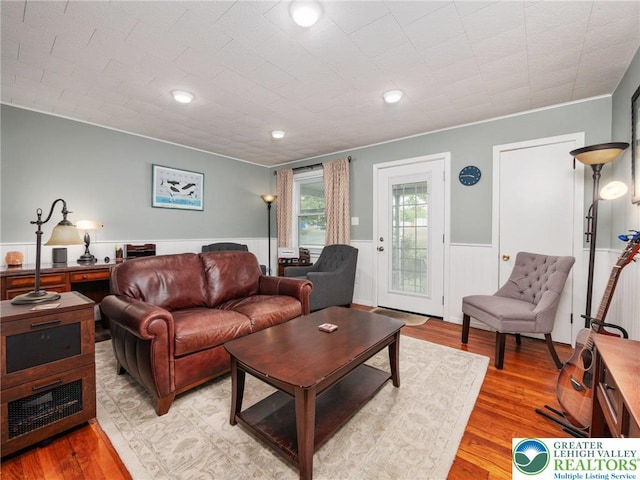 30 Morgan Hill Rd, Williams Twp, PA 18042 - living room featuring wainscoting, light wood-type flooring, ornamental molding, and recessed lighting