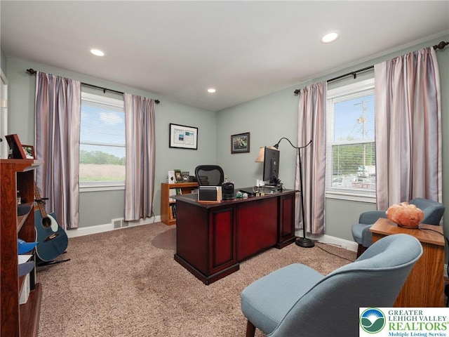 30 Morgan Hill Rd, Williams Twp, PA 18042 - office area featuring baseboards, recessed lighting, and light carpet