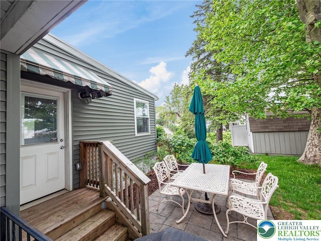 30 Morgan Hill Rd, Williams Twp, PA 18042 - wooden terrace featuring outdoor dining area and a patio area