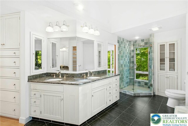 511 Center Hill Rd, Nockamixon Twp, PA 18972 - bathroom with a shower stall, double vanity, tile patterned flooring, and toilet