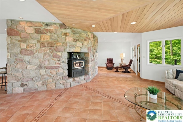 511 Center Hill Rd, Nockamixon Twp, PA 18972 - tiled living area with recessed lighting, a wood stove, and wooden ceiling